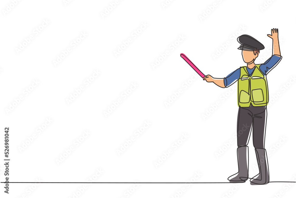 Poster single one line drawing of a policeman in full uniform and using a short stick is controlling the ve