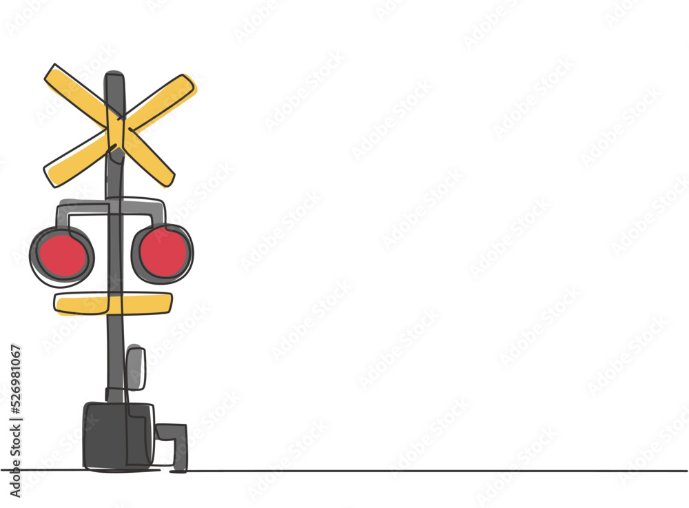 Poster single one line drawing of railway barrier with signs and warning lights in an open position that al