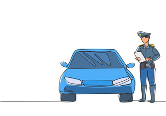Single continuous line drawing policeman with uniform is ticketing a driver who uses a car for violating traffic signs. Regulations must be enforced. One line draw graphic design vector illustration.