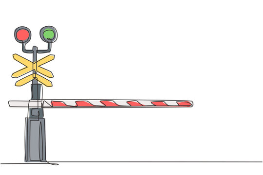 Continuous one line drawing a railway barrier with stripes, signs, and warning lights closes railroad crossings to prevent vehicles from entering. Single line draw design vector graphic illustration.