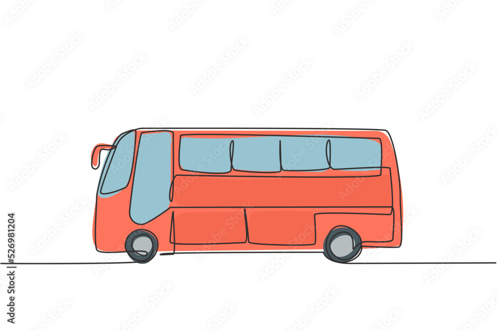 Poster single one line drawing of bus seen from the side that will serve passengers traveling between citie