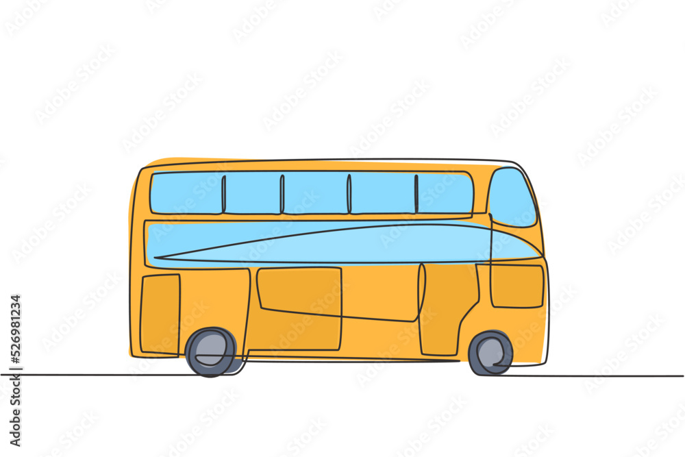 Poster single continuous line drawing double decker buses that are seen from the side, serve tourists to go