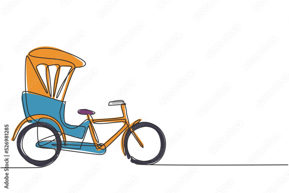 Poster single continuous line drawing the cycle rickshaw seen from the side pulls the passenger sitting beh