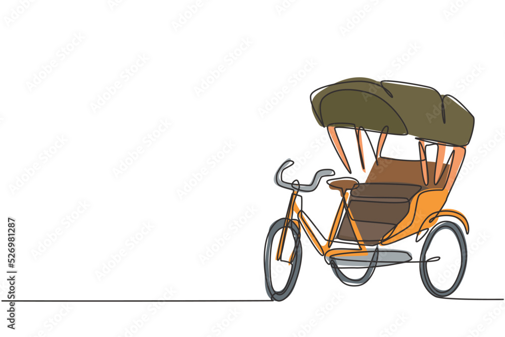 Poster single one line drawing of cycle rickshaw with three wheels and a rear passenger seat is an ancient 