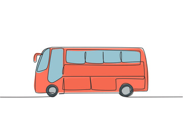 Single one line drawing of bus seen from the side that will serve passengers traveling between cities for holidays with family. Modern continuous line draw design graphic vector illustration.