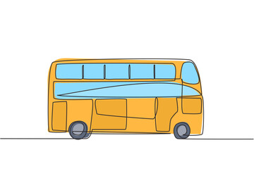 Single continuous line drawing double decker buses that are seen from the side, serve tourists to go around the city enjoying their holidays. Dynamic one line draw graphic design vector illustration.