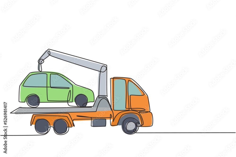 Poster single continuous line drawing tow truck is transporting a broken car on top of it with a crane. the