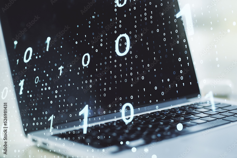 Poster double exposure of creative abstract binary code hologram on laptop background. database and program