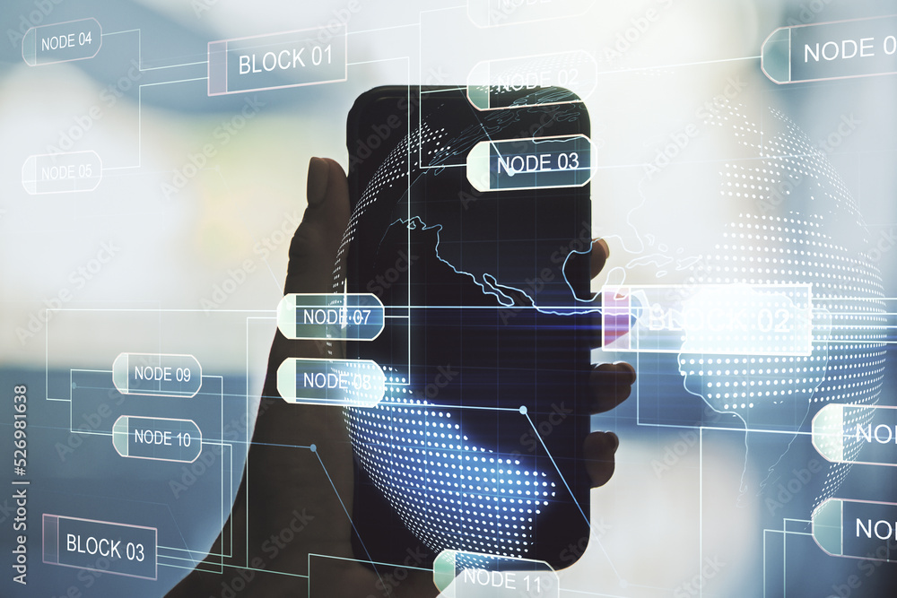 Poster double exposure of abstract programming language hologram with world map and hand with cell phone on