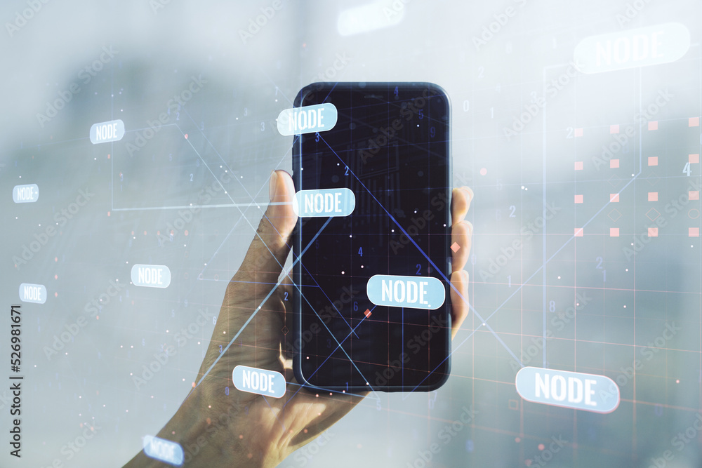 Poster multi exposure of abstract programming language hologram and hand with cellphone on background, arti