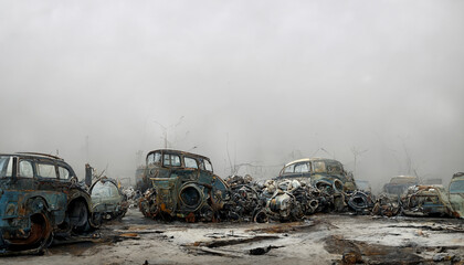Plakat Illustration of the wreckage of a rusted car cemetery in the fog.3D illustration.Digital painting.