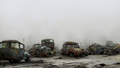 Plakat Illustration of the wreckage of a rusted car cemetery in the fog.3D illustration.Digital painting.