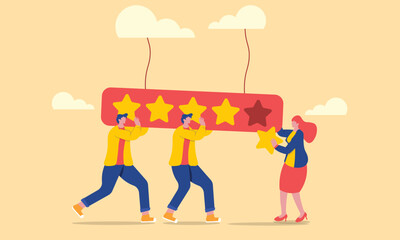 User experience, customer feedback stars rating or business and investment rating concept, team work keeps the star in their place to added 5 stars rating.