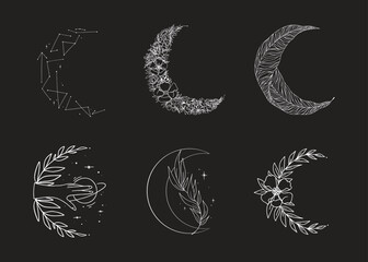 Set of linear simple graphic illustrations of the Moon Drawings of stars for clothes, etc.