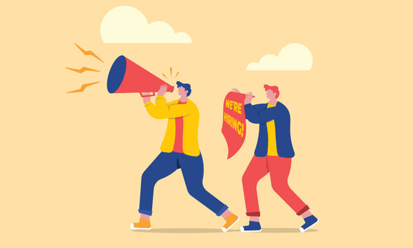speaking out loud to communicate for hiring new people concept. Announcement illustration with megaphone. we are hiring illustration.