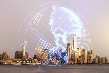 Digital map of North America hologram on New York cityscape background, global technology concept. Multiexposure