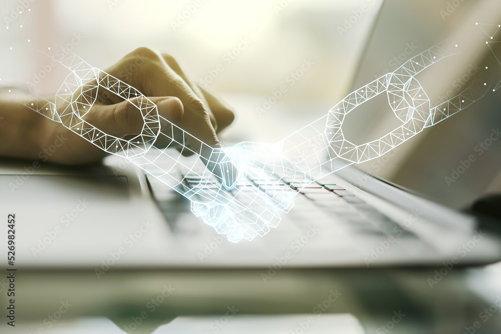 Poster creative concept of blockchain technology with handshake and hands typing on laptop on background. d