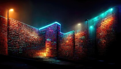 neon light old brick wall, fog, volumetric light, 3d render, 3d illustration