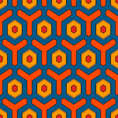 Honeycomb seamless pattern. Hexagon mosaic tiles ornament. Ethnic surface print. Repeated geometric figures background. Ornamental wallpaper. Modern geo design digital paper. Vector abstract art