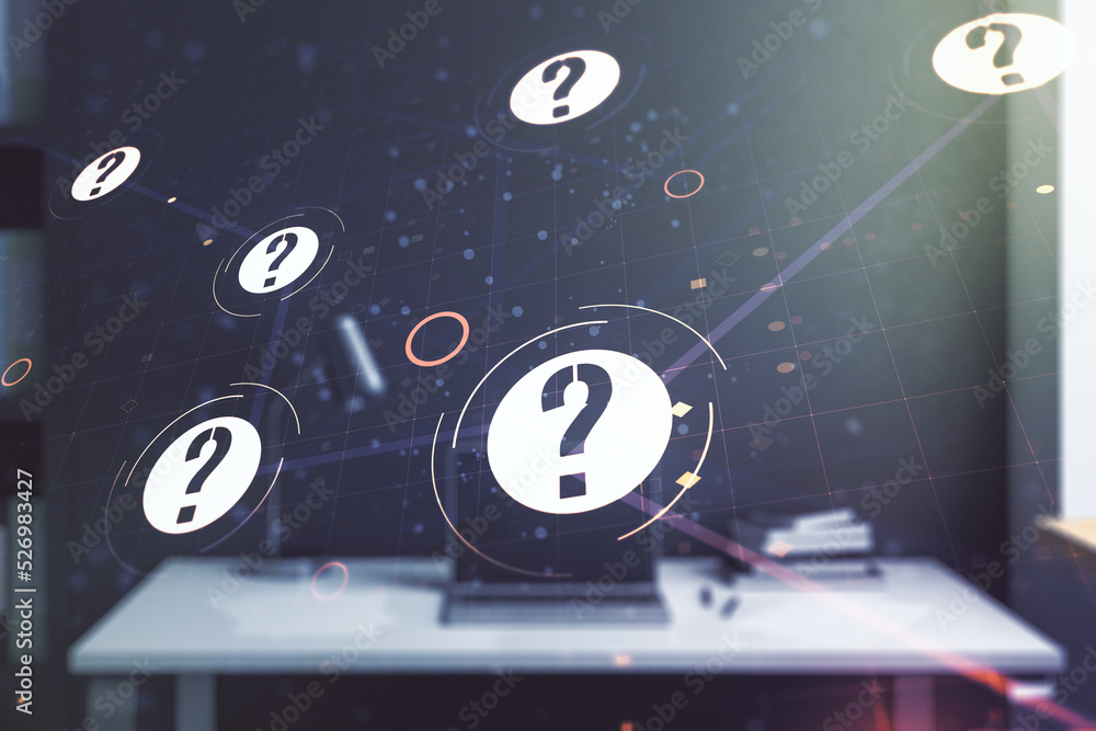 Aufkleber creative abstract question mark hologram and modern desktop with pc on background, future technology