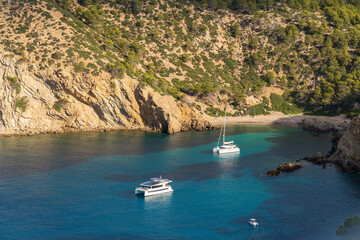 pleasure boats anchored, Cala Egos, Andratx coast, Majorca, Balearic Islands, Spain