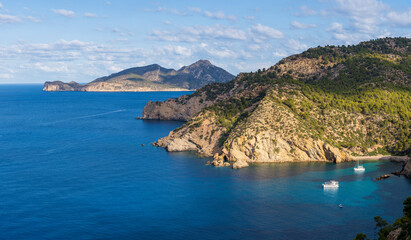 Naklejka premium pleasure boats anchored, Cala Egos, Andratx coast, Majorca, Balearic Islands, Spain