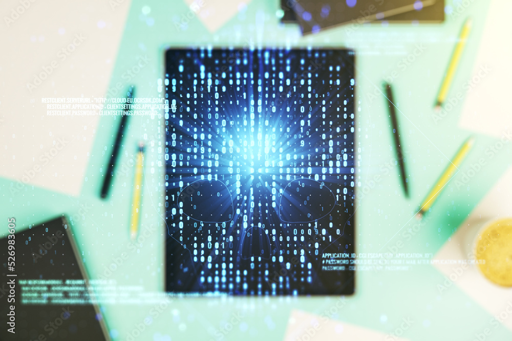 Poster creative concept of code skull illustration and modern digital tablet on background, top view. hacki