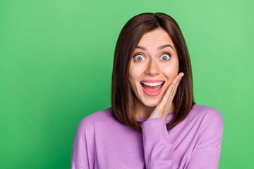 Fototapeta premium Closeup photo of young impressed nice lady arm palm touch cheek open mouth isolated on green color background