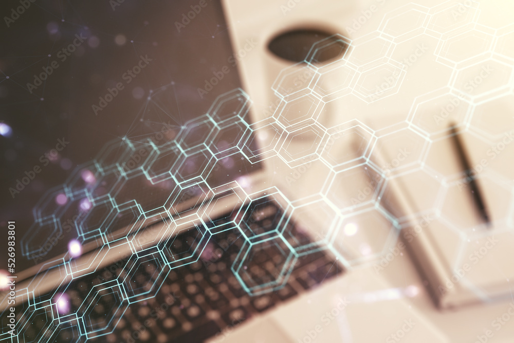Poster creative abstract wireless technology hologram with hexagon on modern computer background, artificia