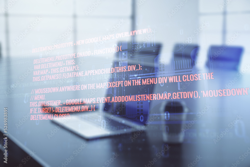 Poster double exposure of abstract programming language on laptop background, research and development conc