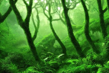 beautiful lush green jungle rainforest background, 3d render, 3d illustration