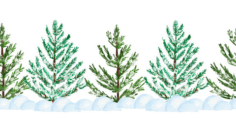 Watercolor seamless hand drawn border with Christmas trees. Winter december forest wood woodland decor, pine fir conifer branches in snow ornaments, horizontal clipart frame.