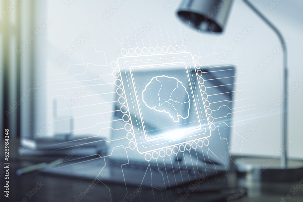Poster double exposure of creative artificial intelligence symbol with modern laptop on background. neural 