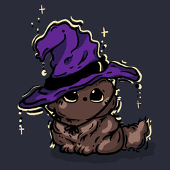 Witch's Cat. A Halloween cat in a witch hat sits at night. Vector illustration. Halloween cat vector concept design. Kawaii style