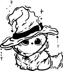 Witch's Cat. A Halloween cat in a witch hat sits at night. Vector illustration. Halloween cat vector concept design. Kawaii style. Print for coloring book and page.