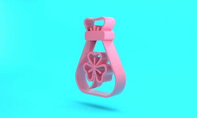 Pink Money bag with clover trefoil leaf icon isolated on turquoise blue background. Happy Saint Patricks day. National Irish holiday. Minimalism concept. 3D render illustration