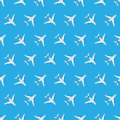 Seamless pattern with plane silhouettes on blue background. Air travel. Air traffic silhouette. Web site page and mobile app design element. Adventure time concept. Hand draw style art.