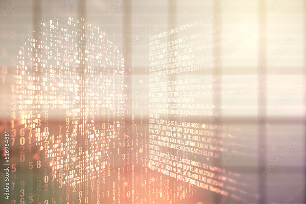 Poster abstract virtual code skull illustration on empty corporate office background. hacking and phishing 