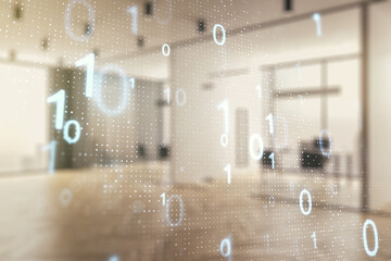 Abstract virtual binary code sketch on a modern furnished office interior background, hacking and matrix concept. Multiexposure