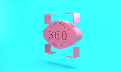 Pink 360 degree view icon isolated on turquoise blue background. Virtual reality. Angle 360 degree camera. Panorama photo. Minimalism concept. 3D render illustration