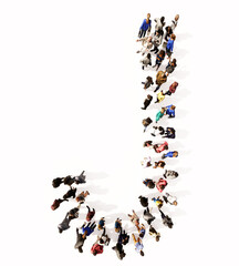 Concept or conceptual large community of people forming the font J. 3d illustration metaphor for unity and diversity, humanitarian, teamwork, cooperation, education, friendship and community