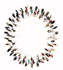 Concept or conceptual large community of people forming the font O. 3d illustration metaphor for unity and diversity, humanitarian, teamwork, cooperation, education, friendship and community - obrazy, fototapety, plakaty