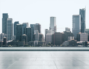 Empty concrete embankment on the background of a beautiful San Francisco city skyline at daytime, mockup
