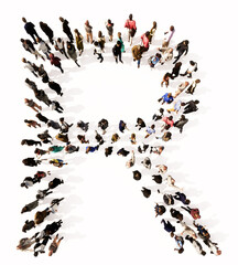 Concept or conceptual large community of people forming the font R. 3d illustration metaphor for unity and diversity, humanitarian, teamwork, cooperation, education, friendship and community