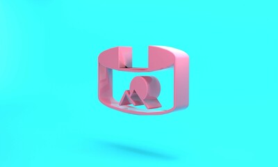 Pink 360 degree view icon isolated on turquoise blue background. Virtual reality. Angle 360 degree camera. Panorama photo. Minimalism concept. 3D render illustration