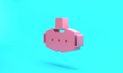 Pink Virtual reality glasses icon isolated on turquoise blue background. Stereoscopic 3d vr mask. Optical head mounted display. Minimalism concept. 3D render illustration