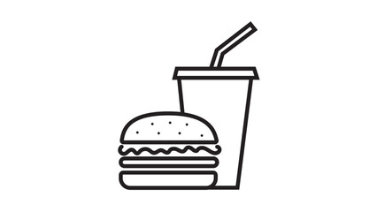 Hamburger and soft drink cup outline vector illustration
 on white background. Fast food icon. 