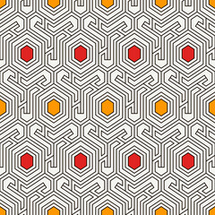 Honeycomb seamless pattern. Hexagon mosaic tiles ornament. Ethnic surface print. Repeated geometric figures background. Ornamental wallpaper. Modern geo design digital paper. Vector abstract.