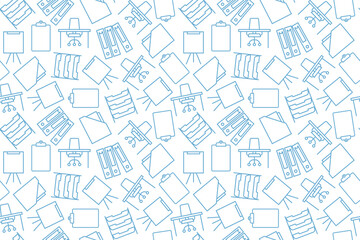 seamless pattern with office equipment icons: documents storage, desk with chair, whiteboard, file folder, binder - vector illustration