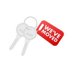 We have moved. Moving office sign with keys. Clipart image isolated on blue background. Vector illustration